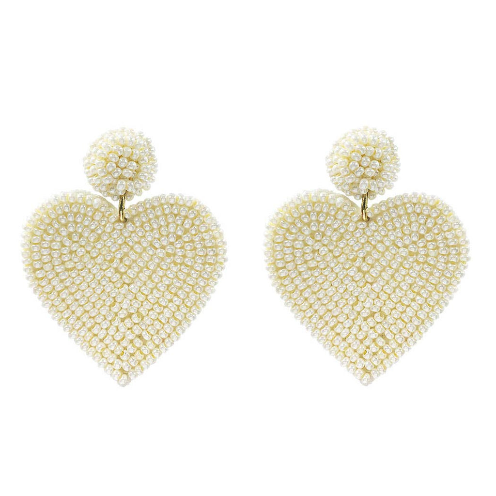 Seed Bead Ivory Heart Valentine's Day Post Earrings