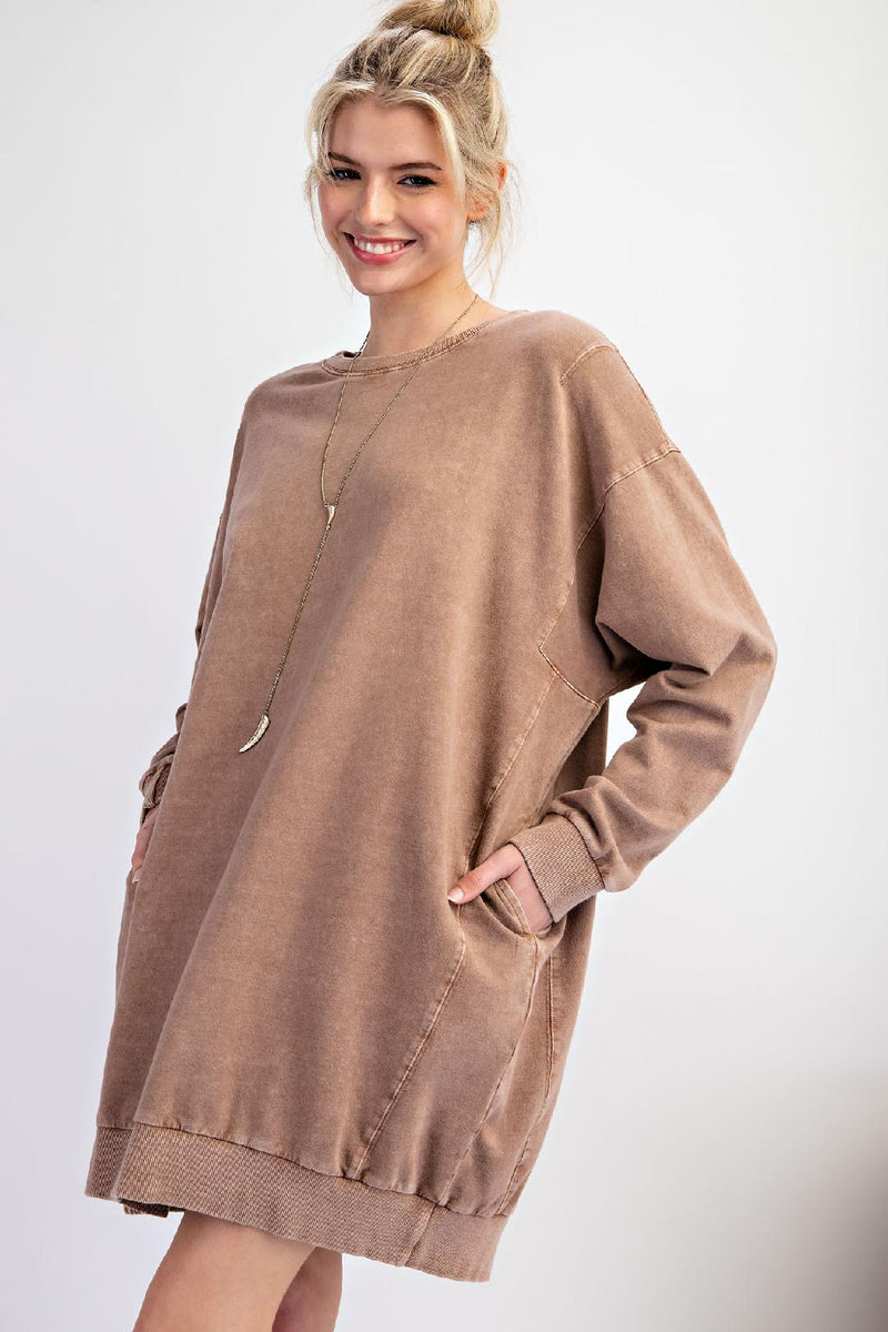 Ready or Not Mocha Mineral Washed Boxy Knit Pullover Dress