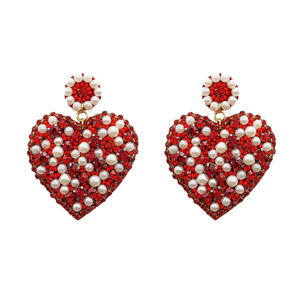 Beaded Heart Pearl Red Valentine's Day Post Earrings