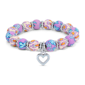 Blue Floral Kids Clay Beaded Stretch Charm Bracelets