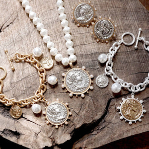 Boho Coin and Pearl Charms Silver Statement Necklace