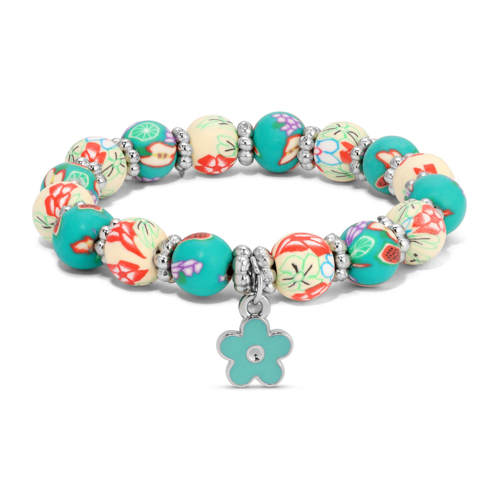 Teal & White Floral Kids Clay Beaded Stretch Charm Bracelets