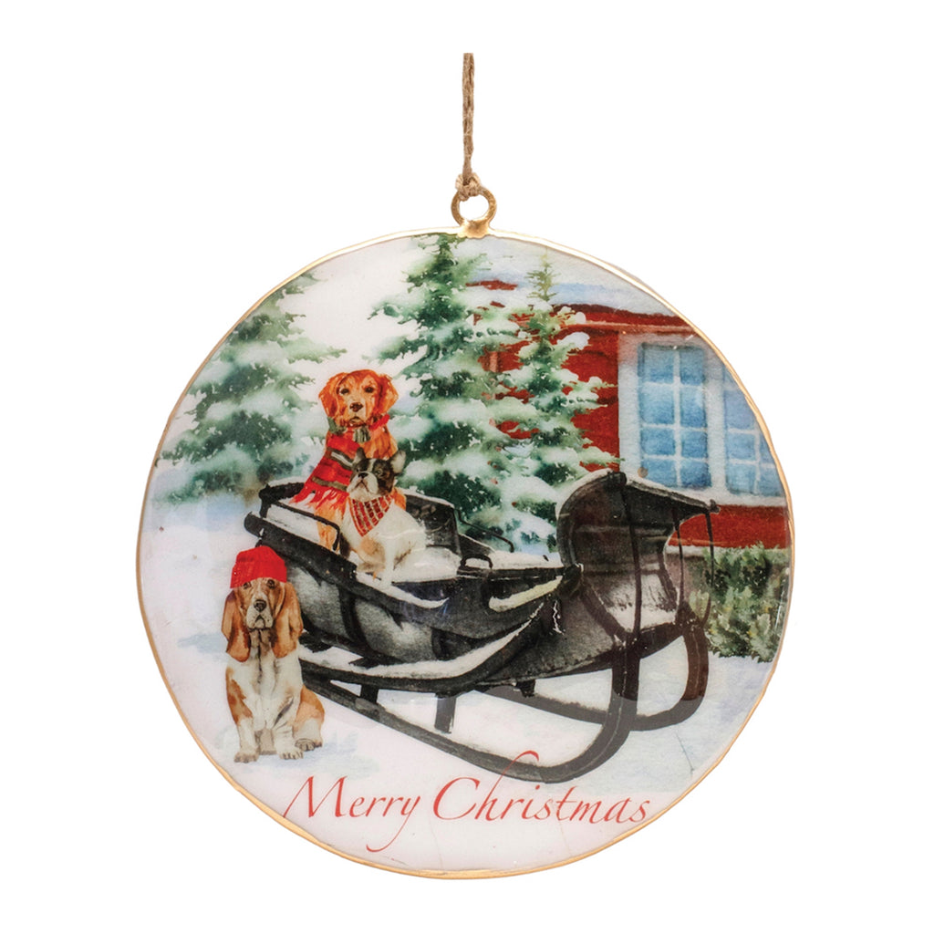 Dog & Sleigh Disc Ornament