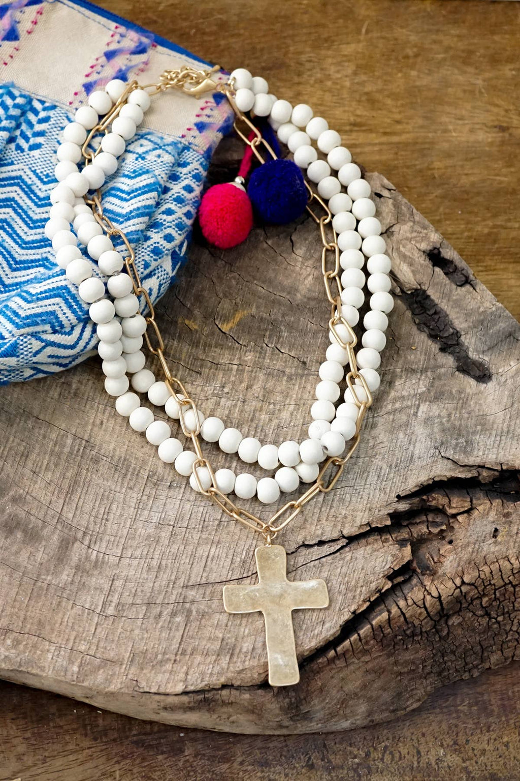 Ever Near Multi-Strand Cream Wood Beads Cross Necklace