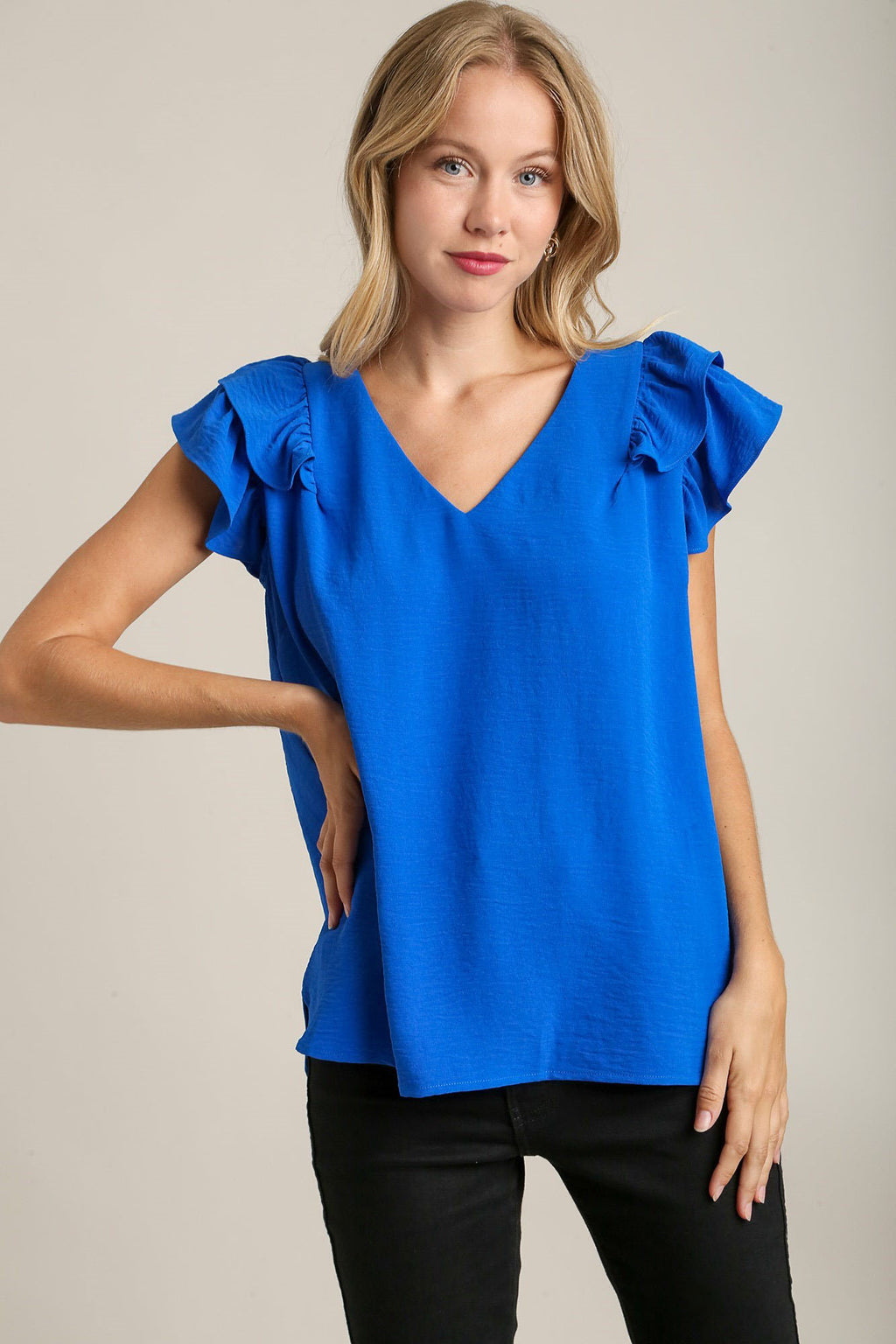 Come To Me Umgee V-Neck Double Layered Flutter Sleeve Top
