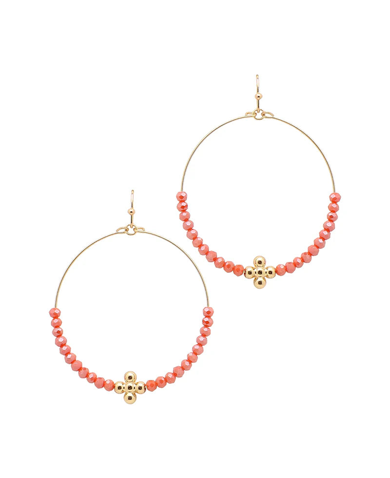 Charity Orange Glass Bead Cross Circle Earrings