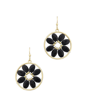 Flower Black Beads Circle Earrings