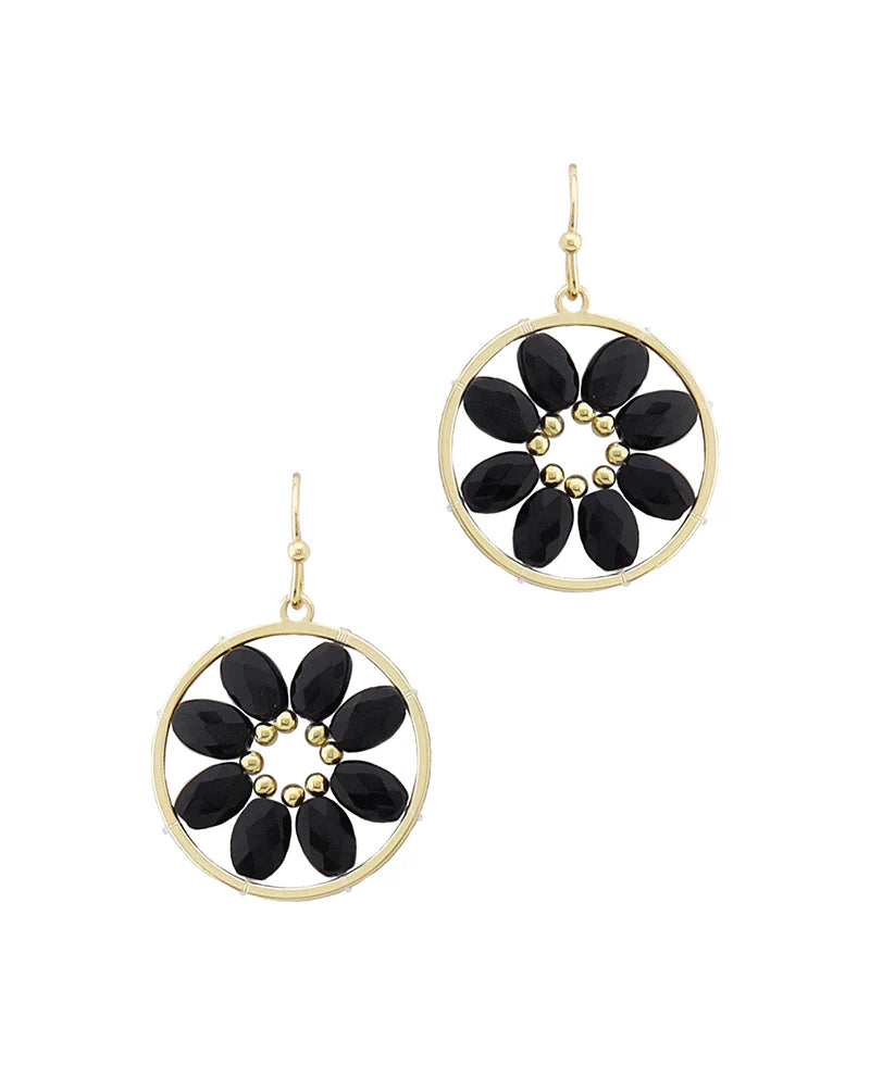 Flower Black Beads Circle Earrings