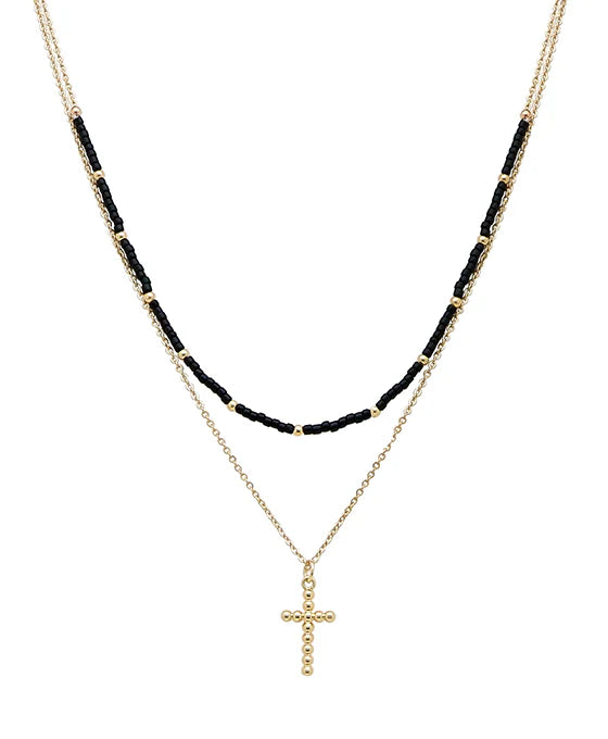 Seed Beads & Drop Cross Double Layered Necklace