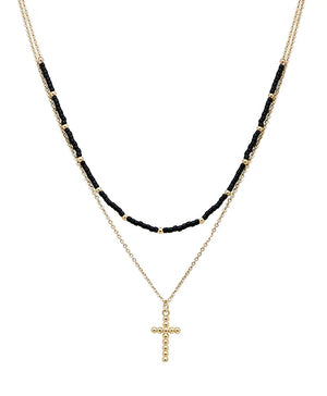 Seed Beads & Drop Cross Double Layered Necklace