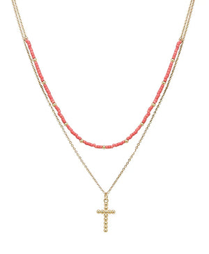 Seed Beads & Drop Cross Double Layered Necklace