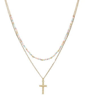 Seed Beads & Drop Cross Double Layered Necklace