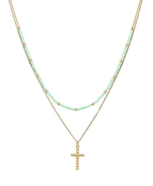 Seed Beads & Drop Cross Double Layered Necklace