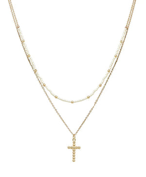 Seed Beads & Drop Cross Double Layered Necklace