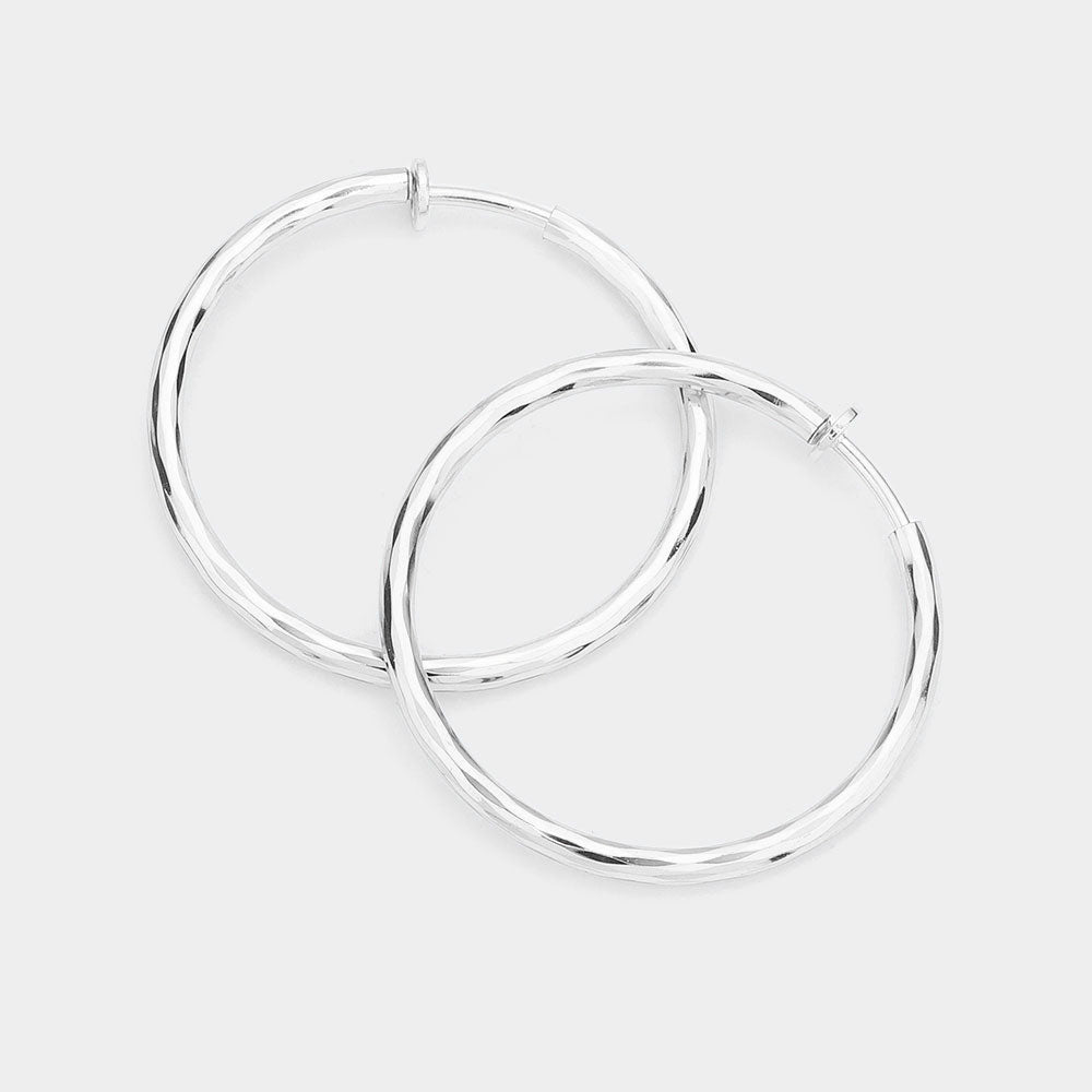 Silver 1.75" Clip On Hoop Earrings
