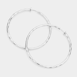 Silver 2.4" Clip On Hoop Earrings