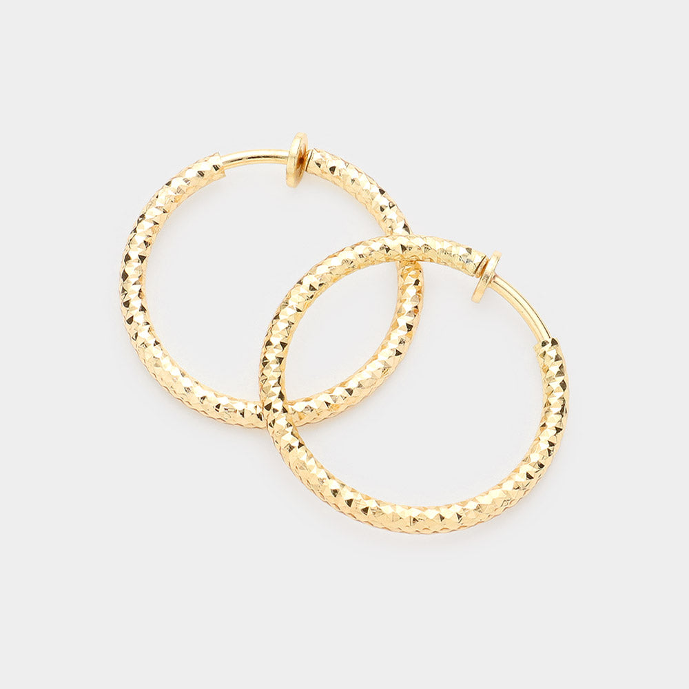 Textured Gold 1.25" Clip On Hoop Earrings