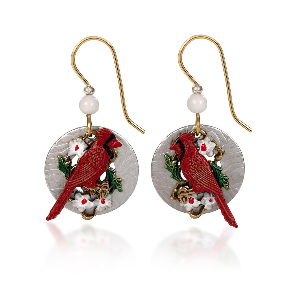Cardinal With Flowers Silver Forest Earrings