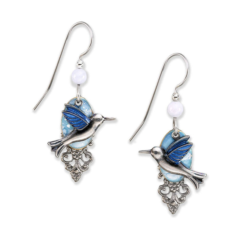 Hummingbird on Cloud Silver Forest Earrings
