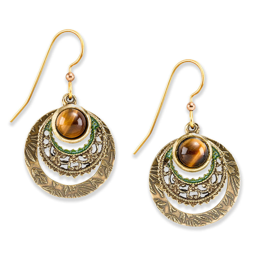 Tiger Eye On Circles Silver Forest Earrings