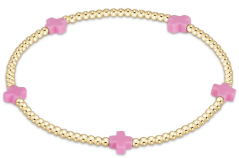 Enewton Bright Pink Small Signature Cross 2mm Gold Bead Bracelet