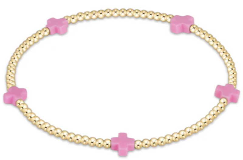 Enewton Bright Pink Small Signature Cross 2mm Gold Bead Bracelet