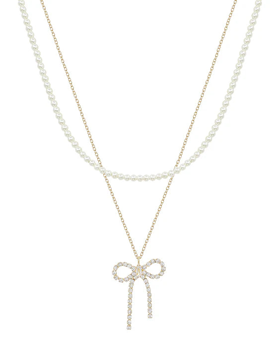 Crystal Ribbon & Pearl Layered Necklace