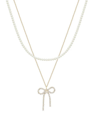 Crystal Ribbon & Pearl Layered Necklace