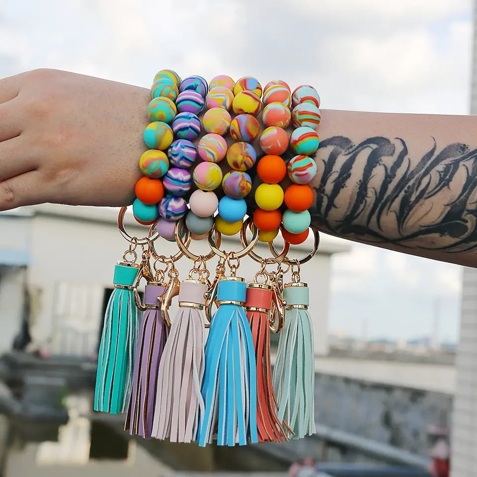 Silicone Beaded Keychain Bracelet - Wristlet With Macrame Chapstick Holder & Leather Tassel