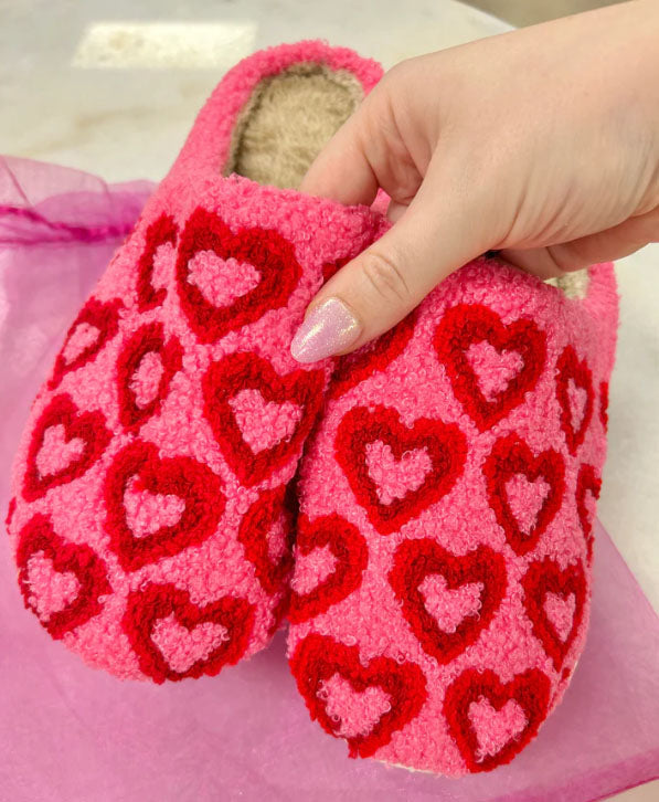 Pink Hearts Fuzzy Slippers