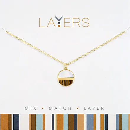 SS & Faux Wood Layers Necklace in Gold
