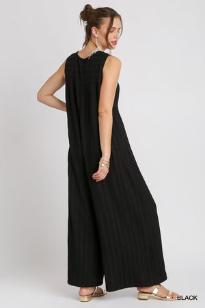 Seize The Day Umgee Black Textured Sleeveless Wide Leg Jumpsuit