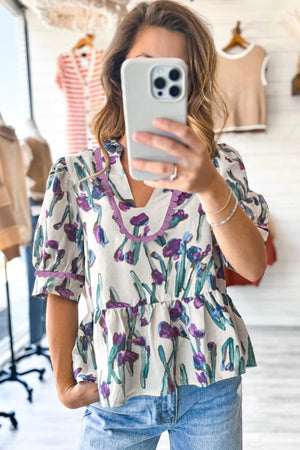 Botanic Beauty Floral Ricrac Trim Peplum Top