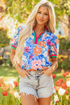 Blue Bloom Floral Puff Sleeve Split Neck Blouse