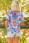 Blue Bloom Floral Puff Sleeve Split Neck Blouse