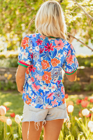Blue Bloom Floral Puff Sleeve Split Neck Blouse