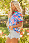 Blue Bloom Floral Puff Sleeve Split Neck Blouse