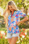 Blue Bloom Floral Puff Sleeve Split Neck Blouse
