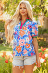 Blue Bloom Floral Puff Sleeve Split Neck Blouse