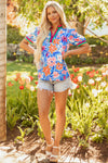 Blue Bloom Floral Puff Sleeve Split Neck Blouse