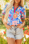 Blue Bloom Floral Puff Sleeve Split Neck Blouse