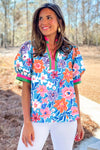 Blue Bloom Floral Puff Sleeve Split Neck Blouse