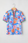 Blue Bloom Floral Puff Sleeve Split Neck Blouse