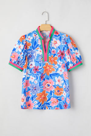 Blue Bloom Floral Puff Sleeve Split Neck Blouse