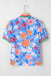 Blue Bloom Floral Puff Sleeve Split Neck Blouse