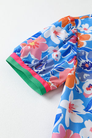 Blue Bloom Floral Puff Sleeve Split Neck Blouse