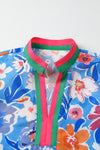 Blue Bloom Floral Puff Sleeve Split Neck Blouse