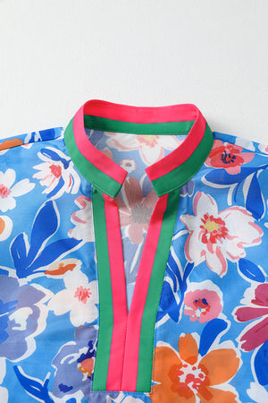 Blue Bloom Floral Puff Sleeve Split Neck Blouse