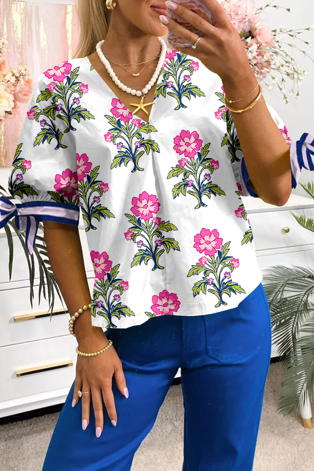 Knotted Blooms Floral Puff Sleeve Top