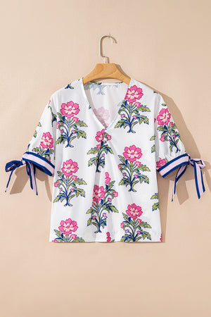 Knotted Blooms Floral Puff Sleeve Top